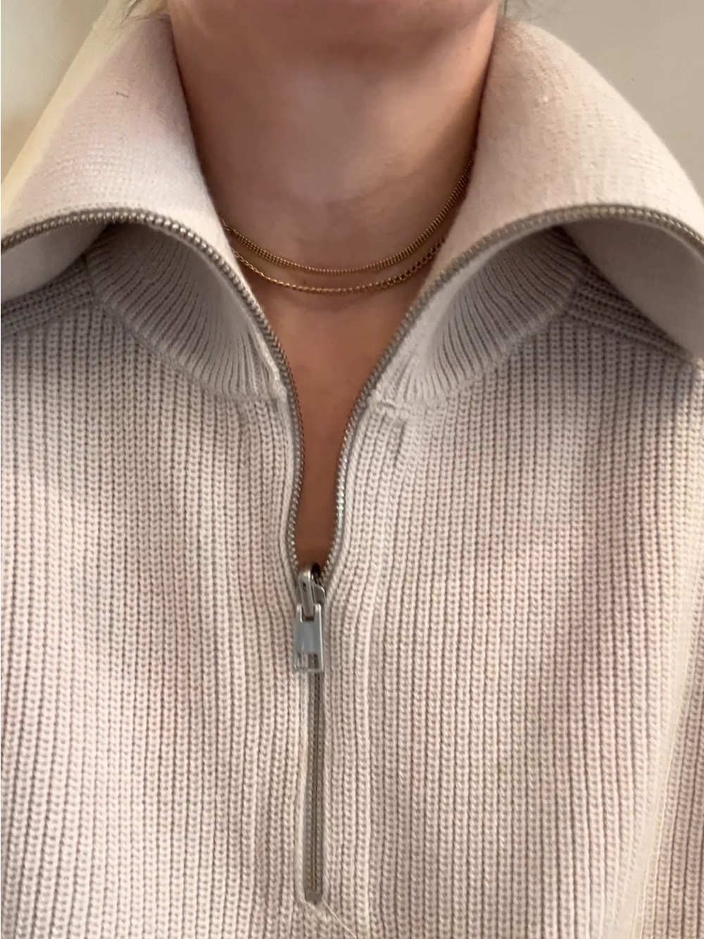COS Cream Ribbed Funnel Neck Zip Front Sweater